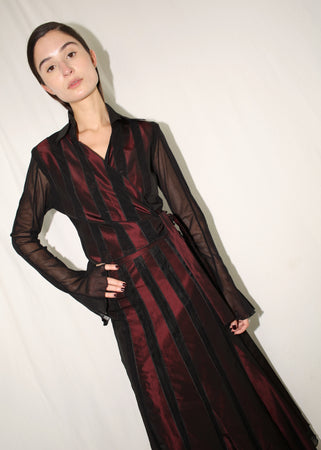 VINTAGE Y2K BLACK & BURGUNDY STRIPED ORGANZA TOP & SKIRT SET (M)