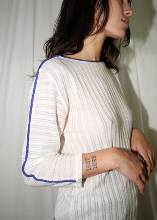 VINTAGE WHITE BOATNECK SWEATER WITH BLUE TRIM (S)