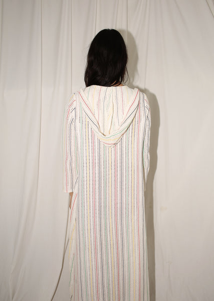 VINTAGE WHITE STRIPED & HOODED SWIMSUIT COVER UP (M)