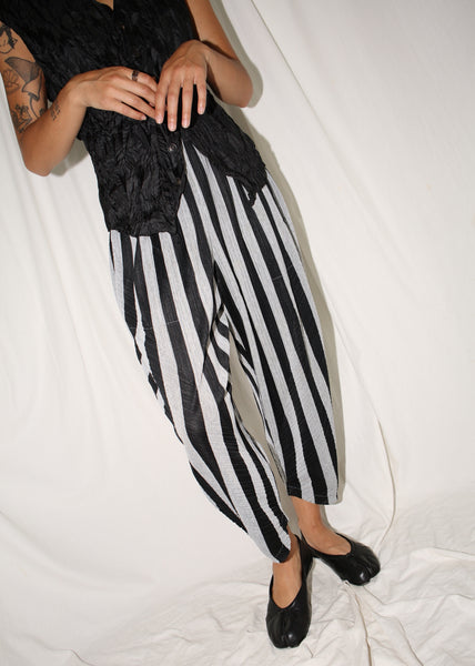 ISSEY MIYAKE PLEATS PLEASE BLACK & GRAY STRIPED TAPERED TROUSERS (S)