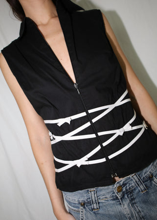 VINTAGE BLACK ZIP-UP BOW VEST (M)