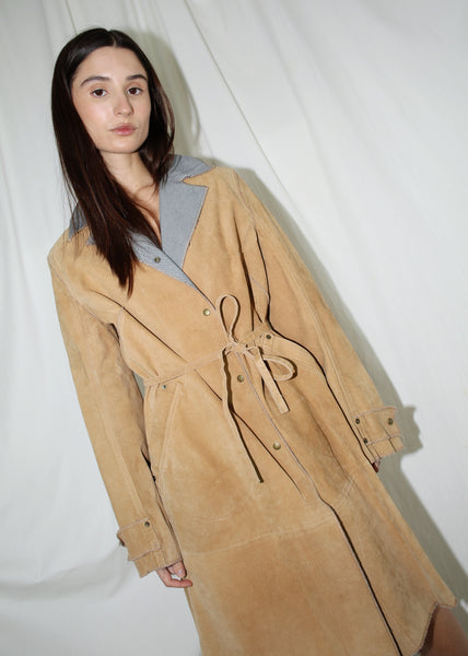 VINTAGE TAN SUEDE TRENCH COAT WITH DENIM COLLAR (S)