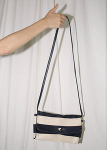 VINTAGE COURREGES WHITE & NAVY STRIPED CANVAS SHOULDER BAG