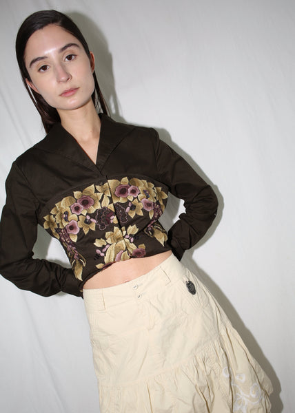 VINTAGE BROWN SHIRT WITH REMOVABLE STRAPLESS EMBELLISHED TOP (M)