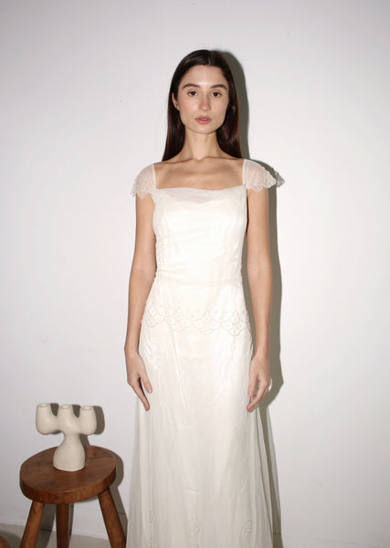 VINTAGE 30's STYLE BEADED MESH WEDDING DRESS (S/M)