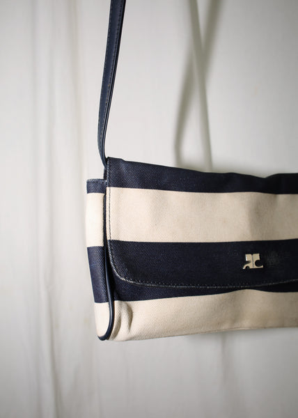 VINTAGE COURREGES WHITE & NAVY STRIPED CANVAS SHOULDER BAG