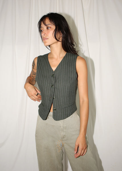 VINTAGE DARK GREEN STRIPED VEST (S)