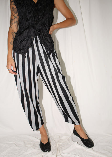 ISSEY MIYAKE PLEATS PLEASE BLACK & GRAY STRIPED TAPERED TROUSERS (S)