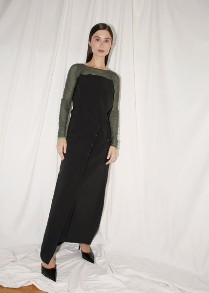 VINTAGE COP COPINE BLACK MAXI DRESS WITH MESH SLEEVES (M)