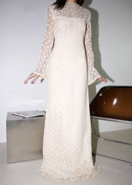 VINTAGE LONG SLEEVE COTTON LACE & PEARL WEDDING DRESS (S)