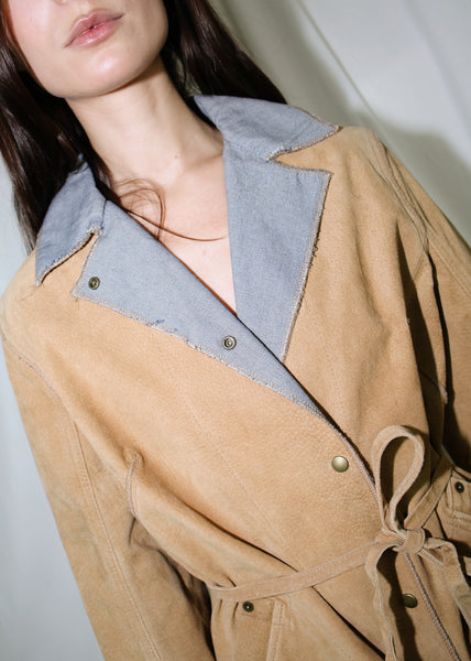 VINTAGE TAN SUEDE TRENCH COAT WITH DENIM COLLAR (S)