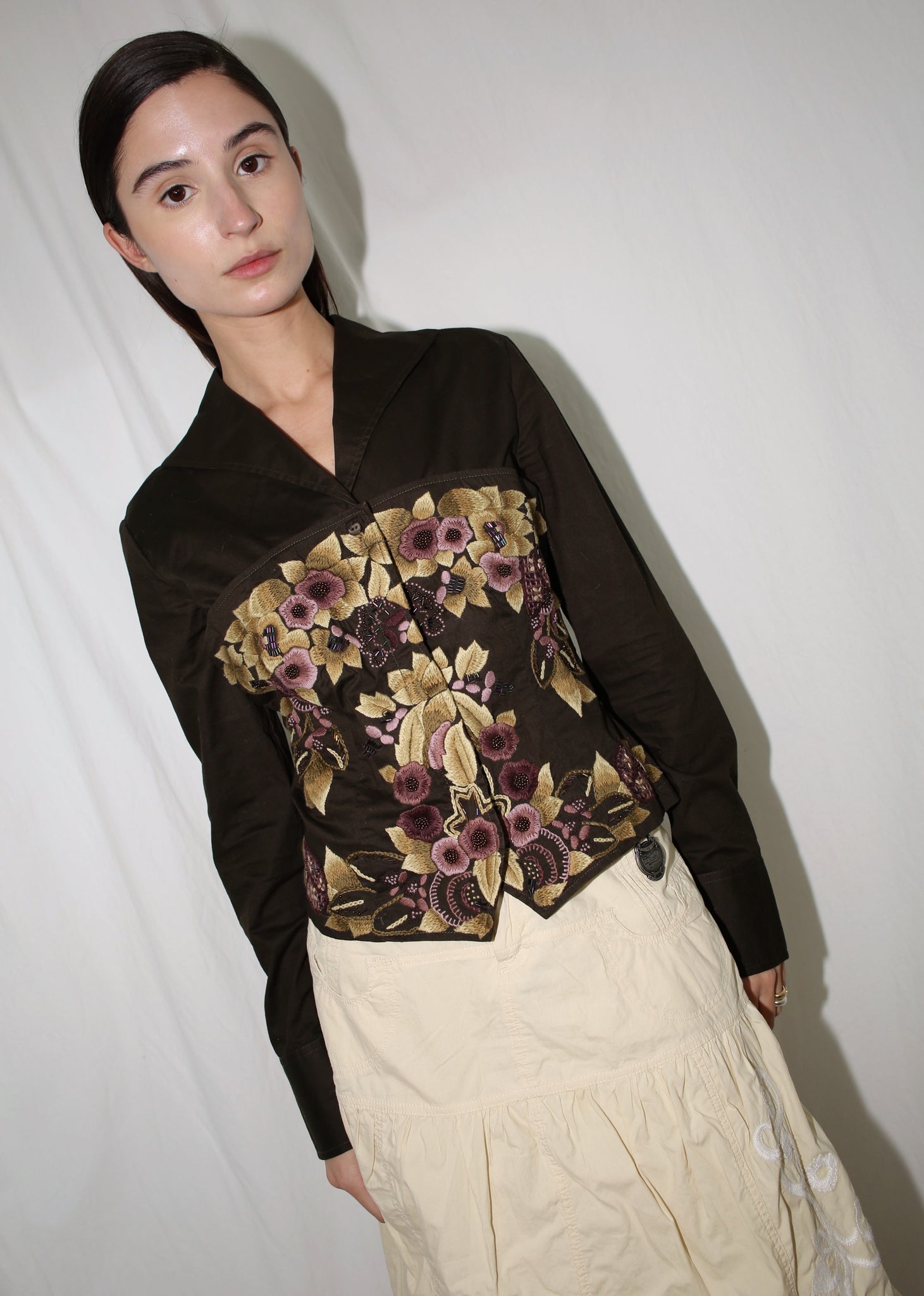 VINTAGE BROWN SHIRT WITH REMOVABLE STRAPLESS EMBELLISHED TOP (M)