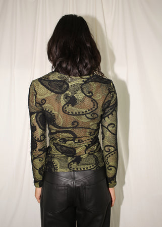 VINTAGE GREEN & BLACK MESH PAISLEY PRINT TOP (S)