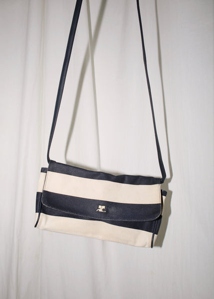 VINTAGE COURREGES WHITE & NAVY STRIPED CANVAS SHOULDER BAG