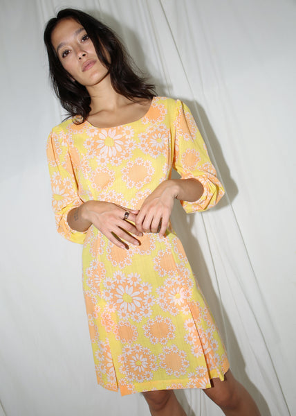 VINTAGE 60's YELLOW FLORAL PUFF SLEEVE DRESS (M)