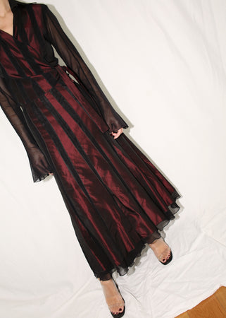 VINTAGE Y2K BLACK & BURGUNDY STRIPED ORGANZA TOP & SKIRT SET (M)