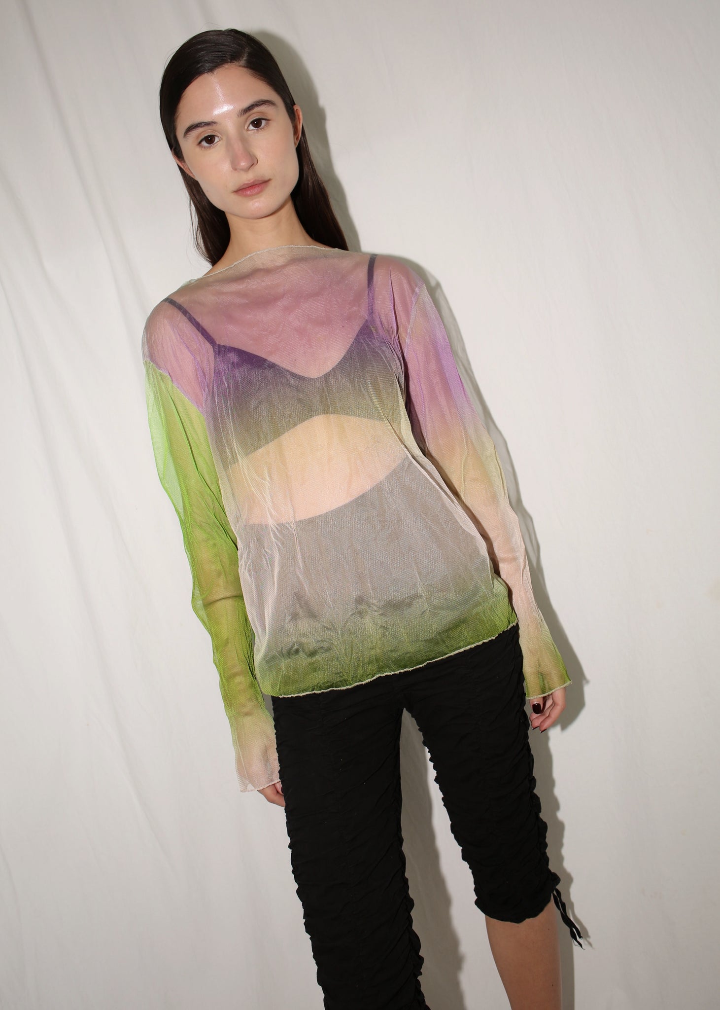 VINTAGE PINK & GREEN OMBRE MESH TOP (M)