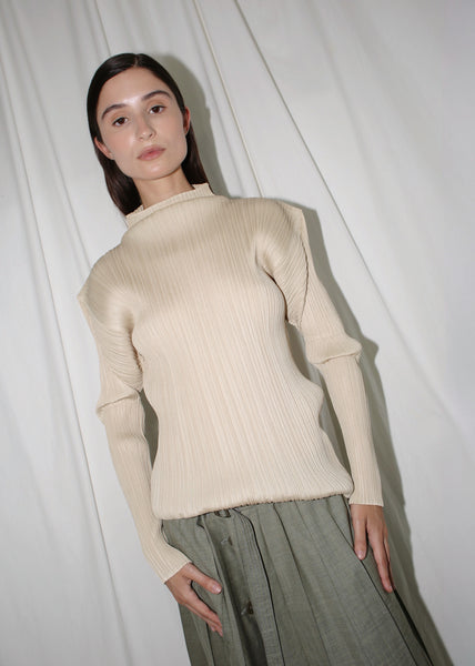 ISSEY MIYAKE PLEATS PLEASE BEIGE LONG SLEEVE TOP (O)