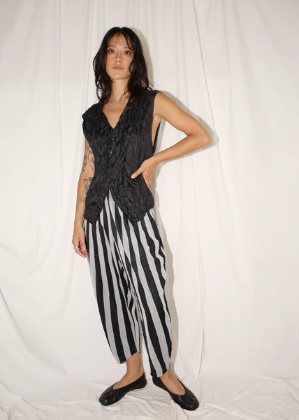 ISSEY MIYAKE PLEATS PLEASE BLACK & GRAY STRIPED TAPERED TROUSERS (S)