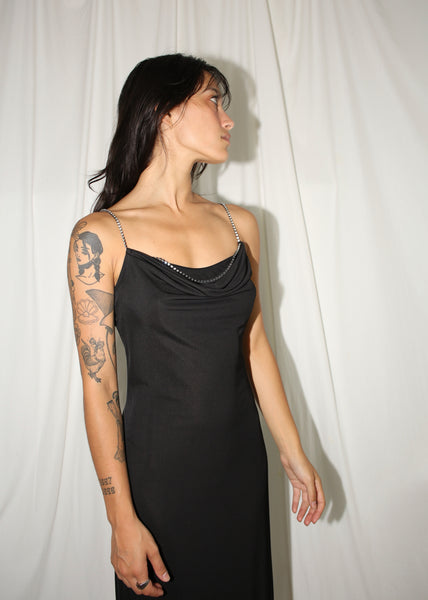 VINTAGE Y2K BLACK DIAMANTE STRAP MIDI COCKTAIL DRESS (XS)