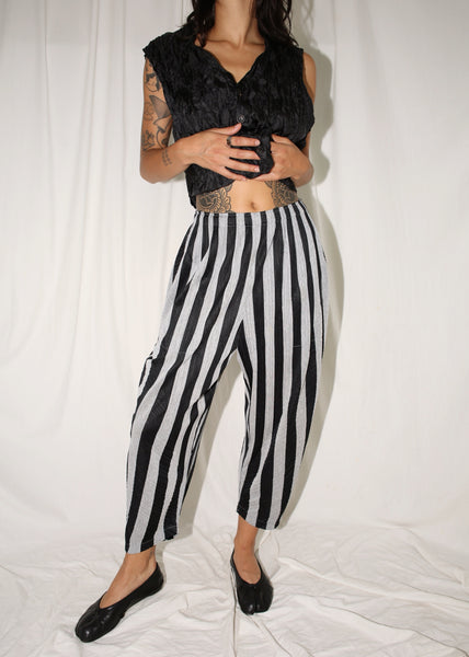 ISSEY MIYAKE PLEATS PLEASE BLACK & GRAY STRIPED TAPERED TROUSERS (S)