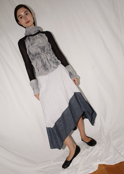 VINTAGE DKNY LINEN WHITE & NAVY CHEVRON ASYMMETRICAL MIDI SKIRT (M)