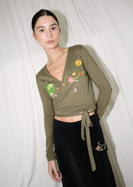 KENZO GREEN FLORAL WRAP FRONT CROP TOP (S)