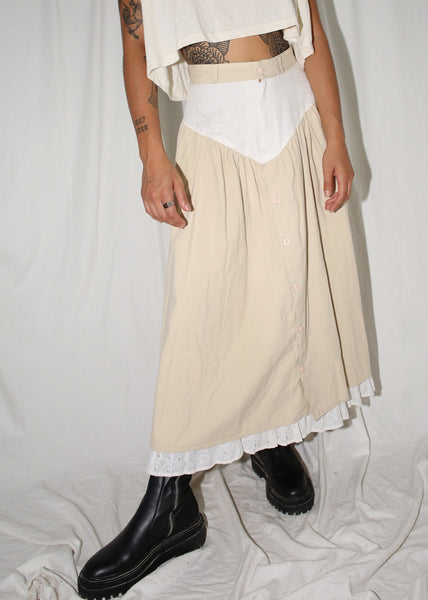 VINTAGE CREAM & WHITE WESTERN MAXI SKIRT (XS)