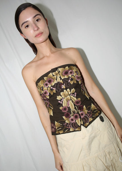 VINTAGE BROWN SHIRT WITH REMOVABLE STRAPLESS EMBELLISHED TOP (M)