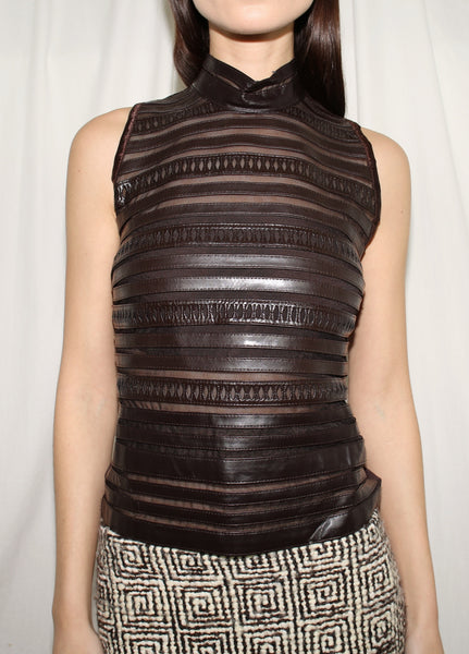 VINTAGE BROWN MESH & FAUX LEATHER TANK TOP (S)