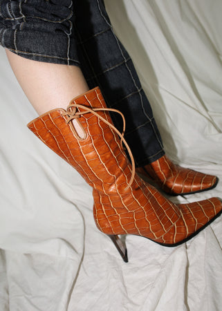 VINTAGE CARAMEL LEATHER BOW BOOTS (36)