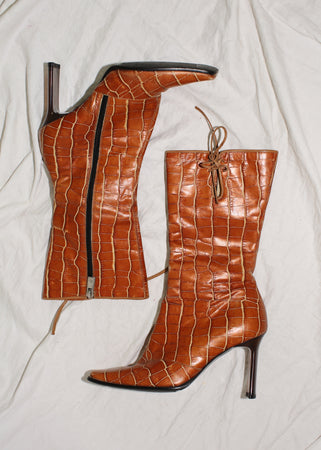 VINTAGE CARAMEL LEATHER BOW BOOTS (36)